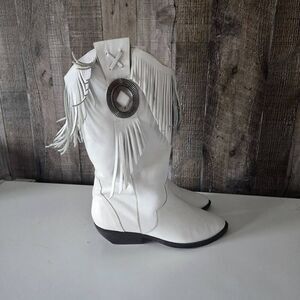 Leather Craft Vintage 80s White Fringe Cowgirl Cowboy Western Boots 6.5